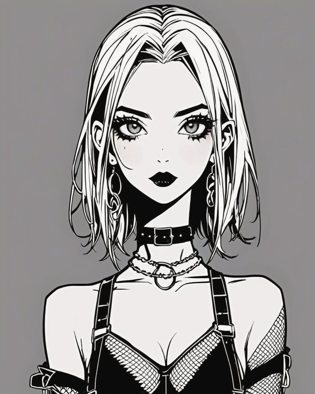 uWudemon, ,anime,A 4k of a grungy sketch of a goth anime girl posing in a stylized yet simple drawing style. It looks like a Discord profile picture. She's wearing a fishnet croptop. The sketch does not look realistic but rather simple and stylized but still looks high quality and high resolution with very defined lines. She has short black hair and pretty and very large black eyes with no color.<lora:uwudemon:0.75>