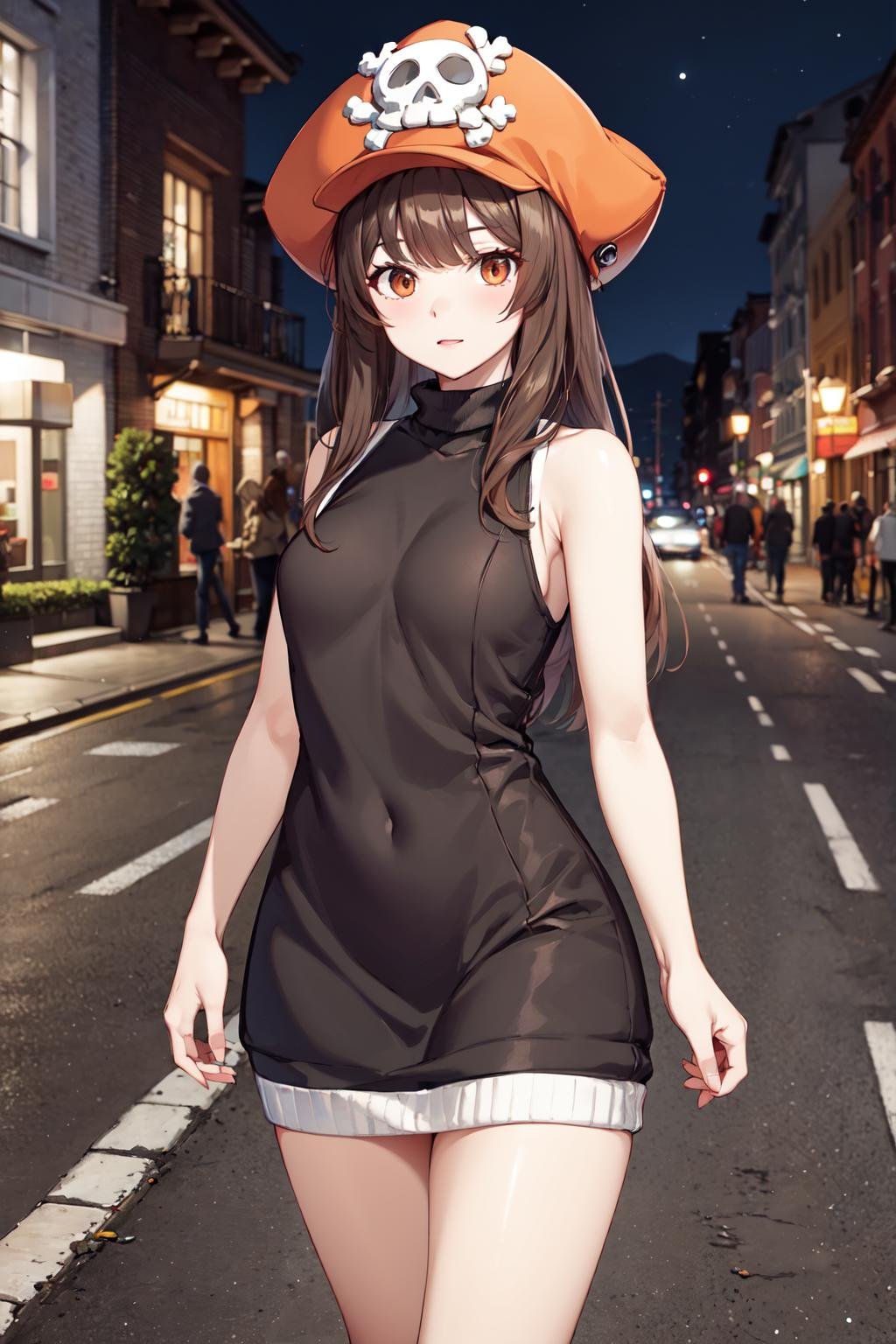 masterpiece,best quality,highres,ultra-detailed,aamay,pirate hat,skull and crossbones,long hair,bangs,medium breasts,<lora:may_(guilty_gear):0.7>,night,street,standing,sweater dress,turtleneck,sleeveless,