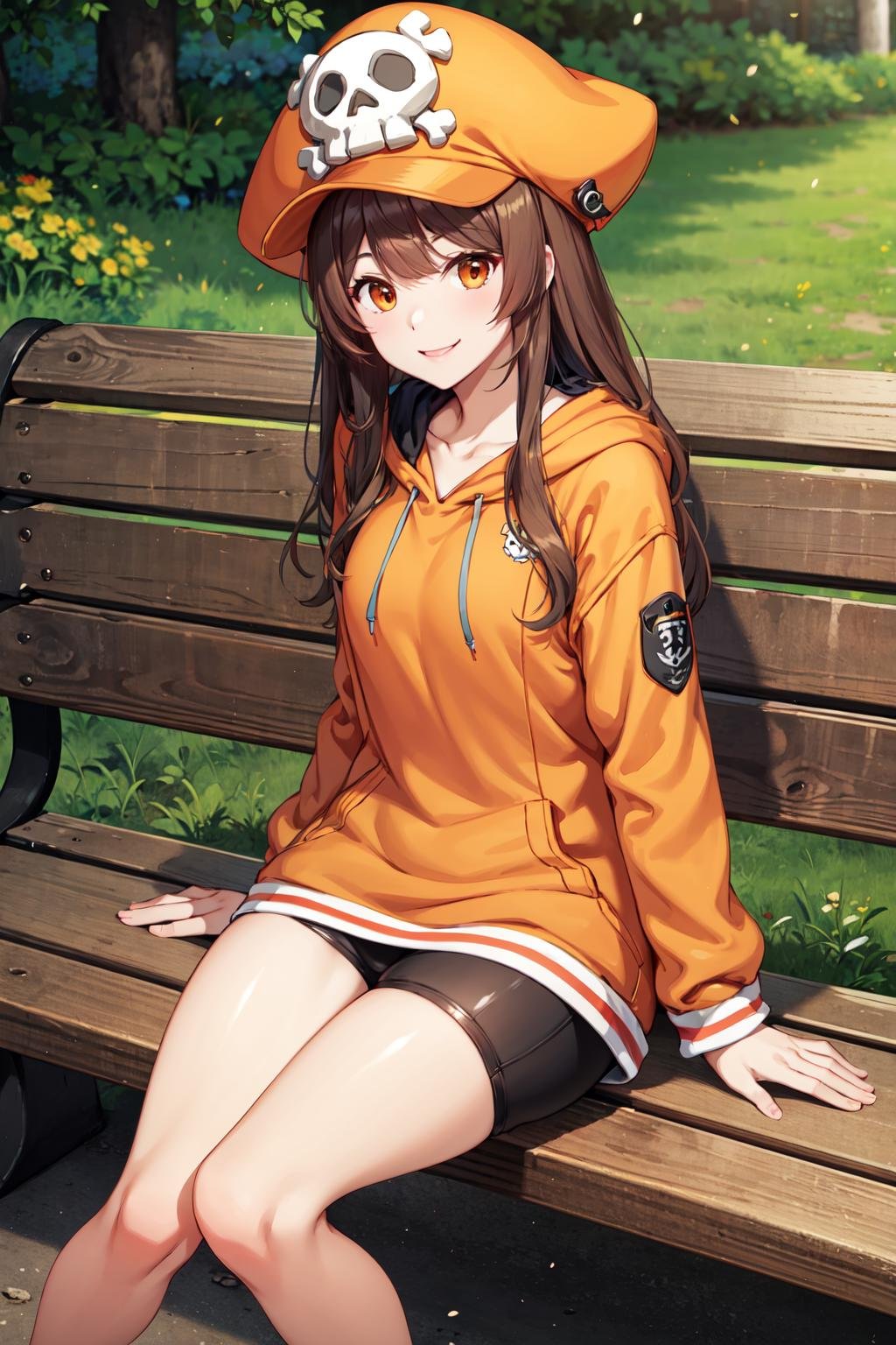 masterpiece,best quality,highres,ultra-detailed,aamay,pirate hat,skull and crossbones,long hair,bangs,medium breasts,orange hoodie,hoodie,jacket,long sleeves,fingerless gloves,bike shorts,orange footwear,<lora:may_(guilty_gear):0.7>,outdoors, bench, sitting, smile, 