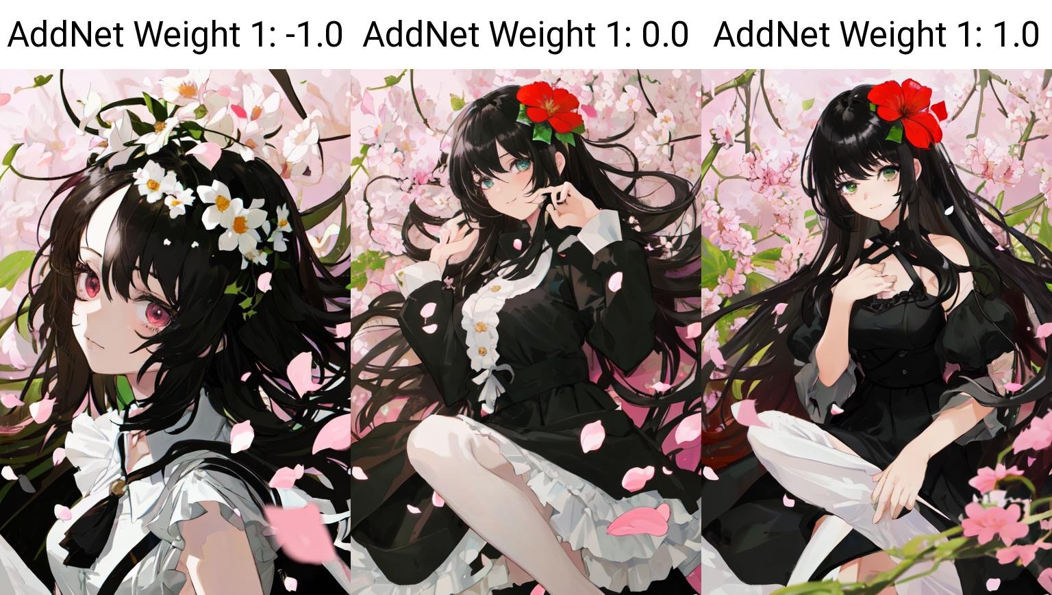 1girl,black hair,hair flower,petals