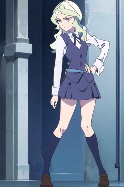  diana cavendish, luna nova uniform, (masterpiece, best quality), school uniform, miniskirt, kneehighs,  thighs,  pose