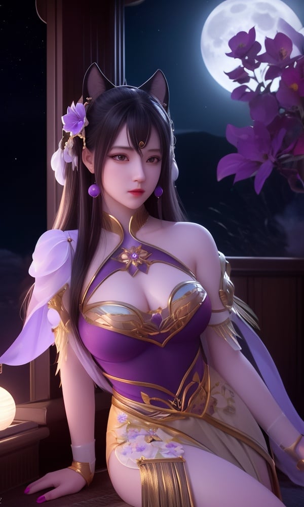 (,1girl, ,best quality, )<lora:DA_慕雨墨-面具-暗河传:0.8>,, ,masterpiece, fantasy, realistic,science fiction,mole, ultra realistic 8k cg, ,tamari \(flawless\),  medium breasts,moonlight,full moon, purple flower,       (()), (),