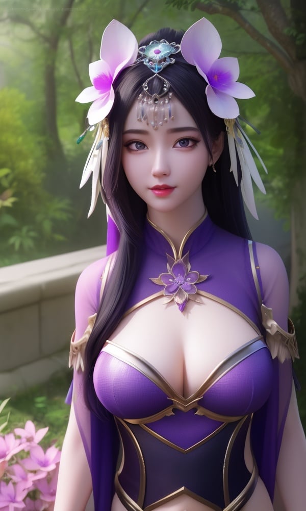 (,1girl, ,best quality, )<lora:DA_慕雨墨-面具-暗河传:0.8>,, ,masterpiece, fantasy, realistic,science fiction,mole, ultra realistic 8k cg, ,tamari \(flawless\),  medium breasts  ,purple flower,       (()), (),