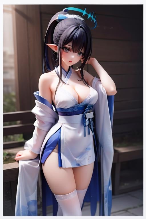 1girl, <lora:char rin-000006:1> ,<lora:outfit hanfu-000006:1> hanfu,breasts, cleavage, ponytail ,white legwear, arms under breasts, 