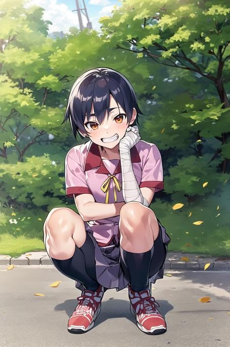 (masterpiece,best quality, detailed), outdoors, day, 1girl, solo, squatting, grin,kanbaru suruga, school uniform, bike shorts, shorts under skirt, pleated skirt, pink shirt, neck ribbon, sneakers,short hair, bandaged arm