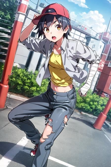 (masterpiece,best quality, detailed), outdoors, street, 1girl, solo, smile, posing,kanbaru suruga, baseball cap, (backwards hat), pants, torn pants, grey jacket, yellow shirt, midriff,short hair, bandaged arm, dutch angle, :o