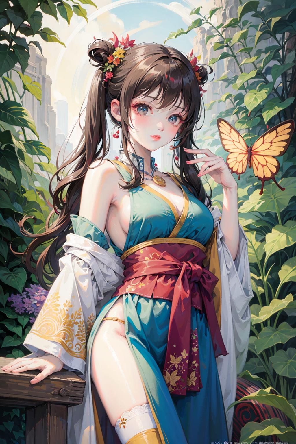 (hanfu:0.9),(ru_qun:1.1),(masterpiece:1.2), (best quality:1.3), (ultra-detailed:1.2), (illustration:1.2), (Cinematic Lighting),In a whimsical and fantastical garden, the 2D anime black hair girl sits on a giant toadstool, surrounded by giant mushrooms and colorful butterflies. She wears a playful and quirky hanfu and qixiong ruqun, paired with embroidered legwear, She has a curious and adventurous expression on her face, as she explores the strange and wondrous garden. Her hair is styled in pigtails, the color of candyfloss, adorned with a pair of oversized bows. She holds a butterfly in hand. The atmosphere is whimsical and playful, it's clear that she is in her element and enjoying the moment of the fantastical garden.,black hair,  Raytracing,beautiful and clear background,hime cut, <lora:特殊-修手-翻个的咸鱼手手-v3:0.1>  <lora:风格-汉服襦﷿[ru_qun]:1>