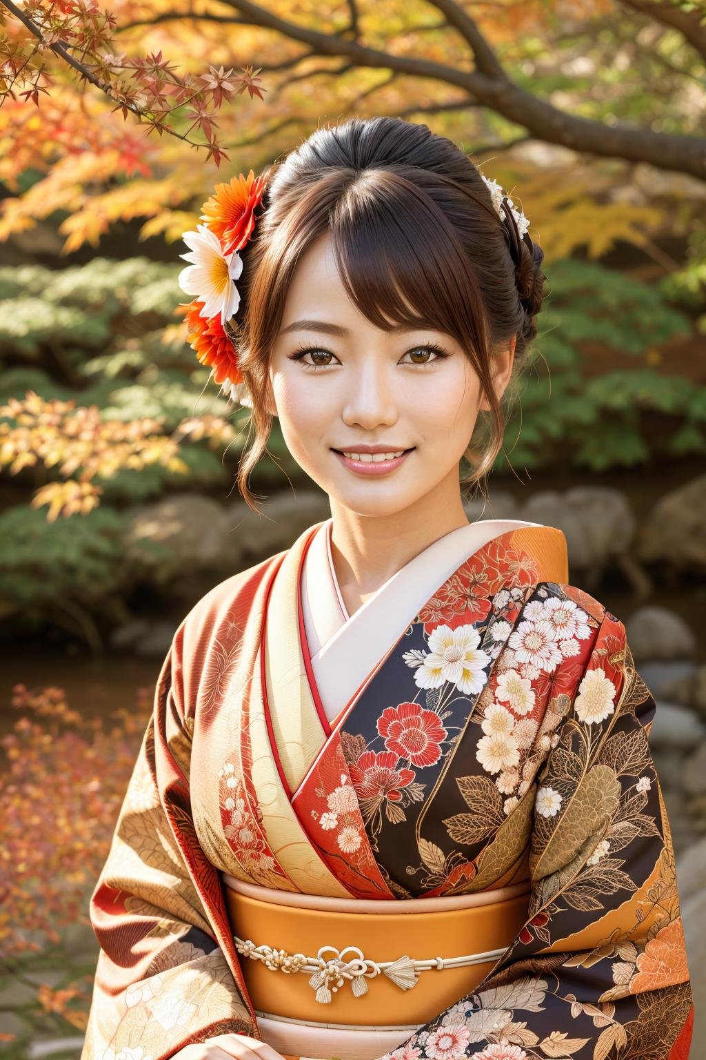 ((Masterpiece, best quality,edgQuality)),smile,smirk,edgJF_clothing, looking at viewer, smile, brown hair, brown eyes, standing, flower, hair flower, tree, realistic,wearing edgJF_kimono,autumn setting,autumn trees and leaves <lora:edgJapaneseFall:1>