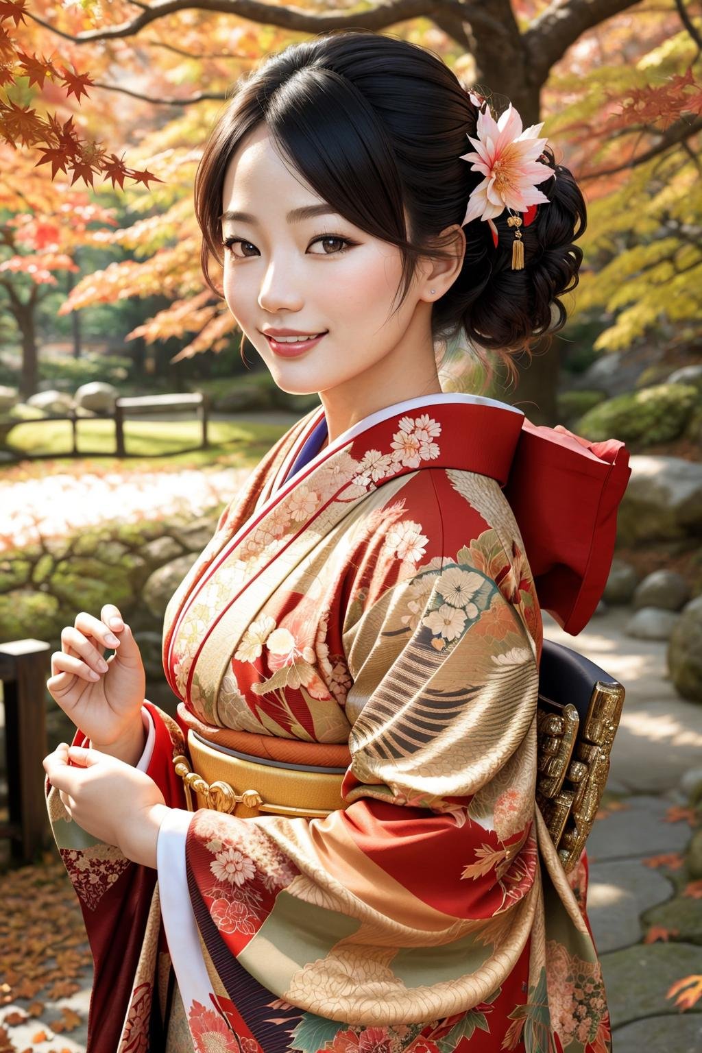 ((Masterpiece, best quality,edgQuality)),smile,smirk,edgJF_clothing,woman wearing edgJF_kimono,autumn setting,autumn trees and leaves <lora:edgJapaneseFall:1>