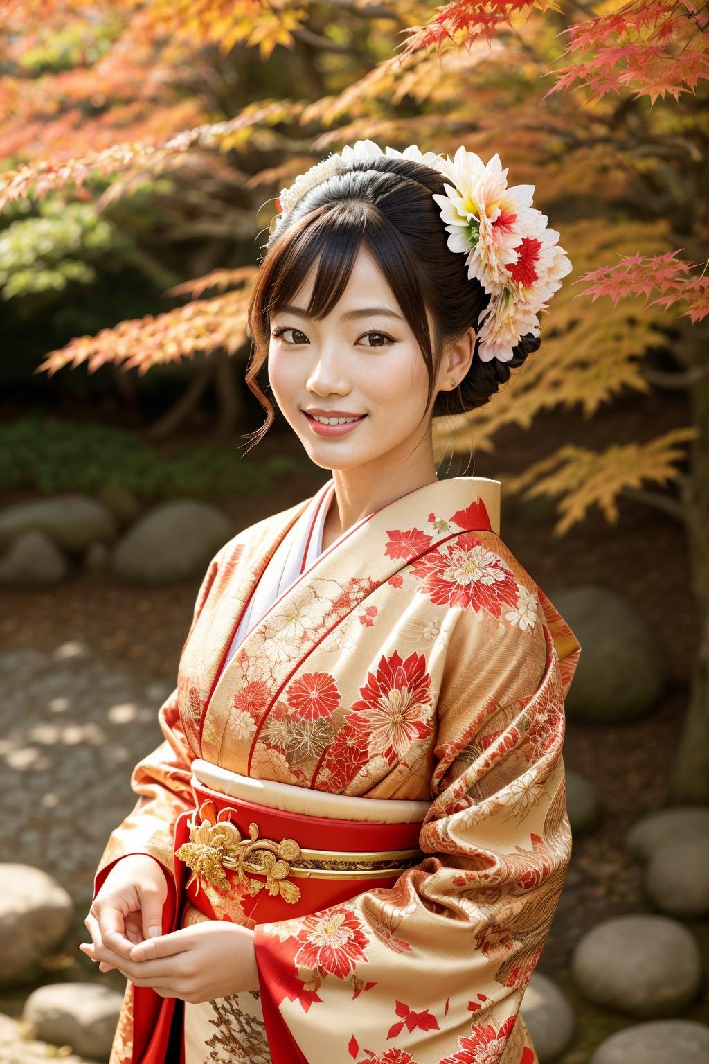 ((Masterpiece, best quality,edgQuality,portrait)),smile,smirk,edgJF_clothing,smile, flower, tree, lips, leaf, realistic, maple leaf, autumn ,wearing edgJF_kimono,autumn setting,autumn trees and leaves <lora:edgJapaneseFall:1>