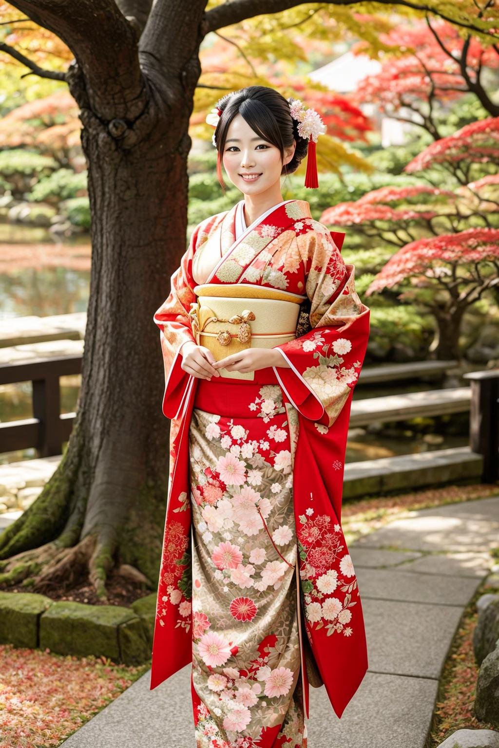 ((Masterpiece, best quality,edgQuality)),smile,smirk,edgJF_clothing, smile, black hair, standing, full body, day, bag, blurry, tree, obi, floral print, sandals, handbag, realistic, tabi, red kimono, autumn, photo background ,wearing edgJF_kimono,autumn setting,autumn trees and leaves <lora:edgJapaneseFall:1>