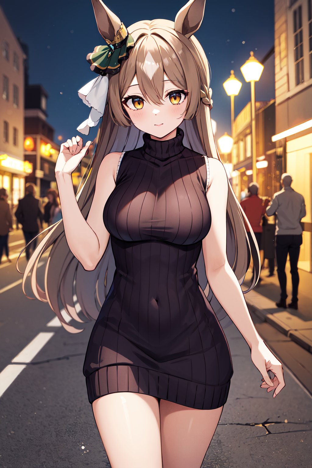 masterpiece, best quality, highres, aasato, long hair, half updo, braid, hair between eyes, animal ears, ear ornament, <lora:satono_diamond_v1-1:0.7>, sweater dress, turtleneck, sleeveless, night, street, cowboy shot,