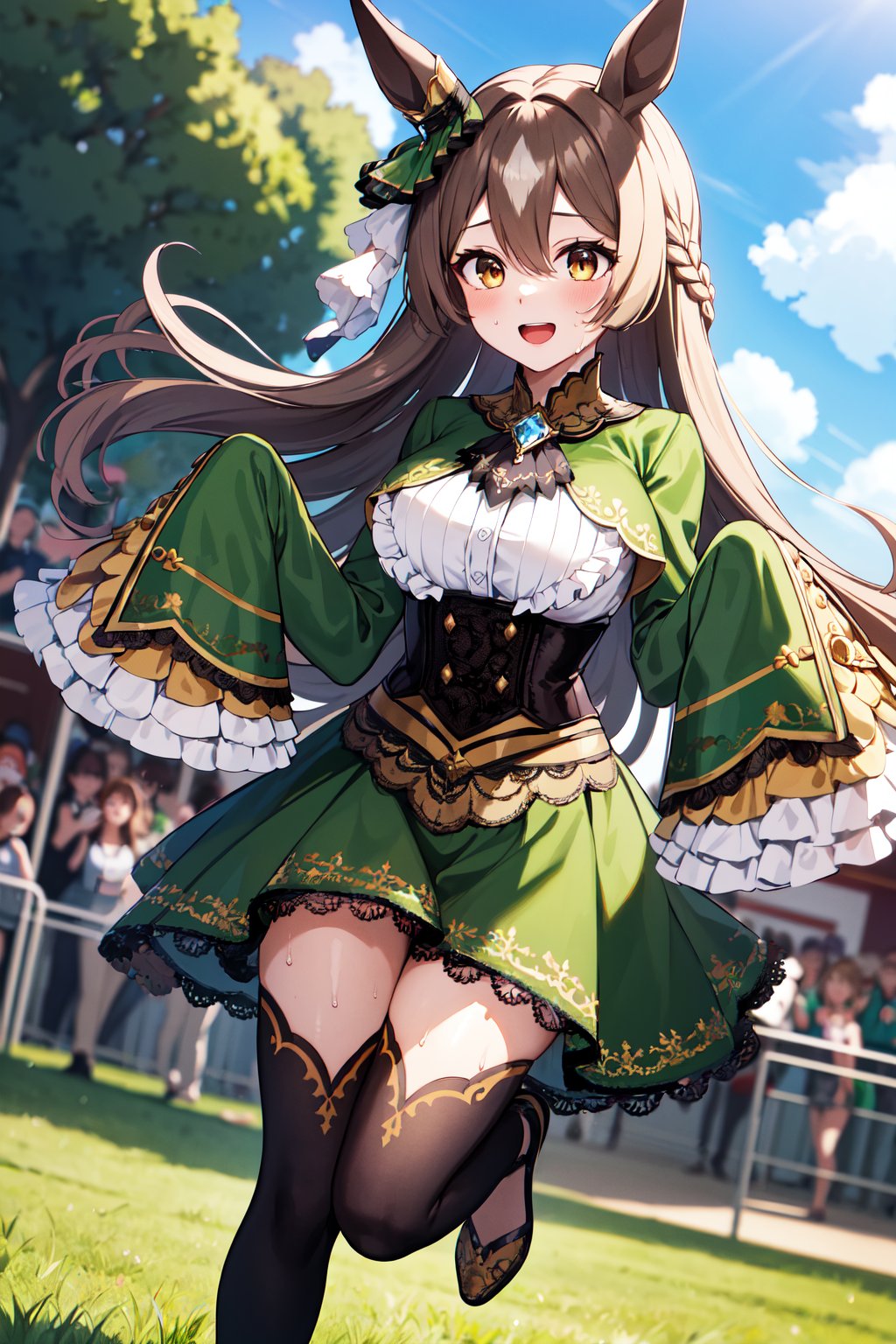 masterpiece, best quality, highres, aasato, long hair, half updo, braid, hair between eyes, animal ears, ear ornament, horse tail, breasts, frills, black ascot, green dress, (sleeves past wrists:1.2), black thighhighs, <lora:satono_diamond_v1-1:0.8>, field, grass, (running:1.1), smile, open mouth, sweat, audience,