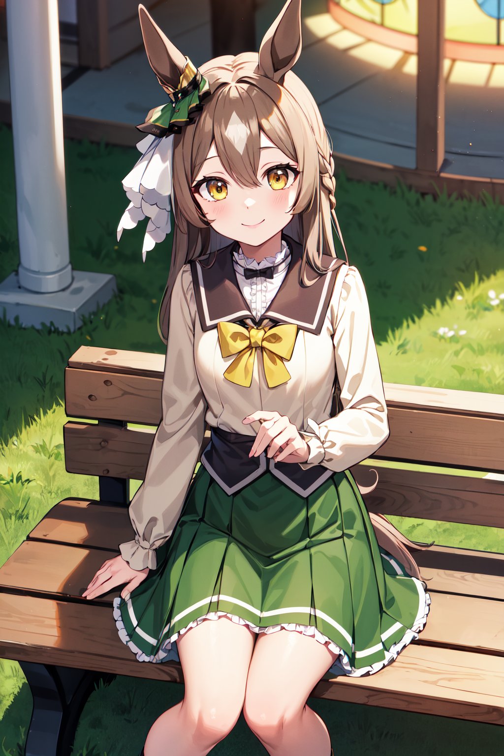 masterpiece, best quality, highres, ddsato, long hair, half updo, braid, hair between eyes, animal ears, ear ornament, horse tail, center frills, brown sailor collar, yellow bow, brown shirt, long sleeves, green skirt, <lora:satono_diamond_v1-1:0.8>, sitting, bench, amusement park, smile,