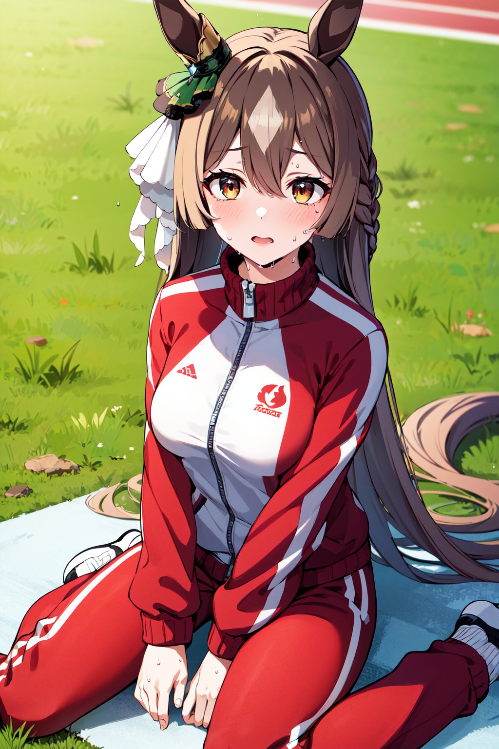 masterpiece, best quality, highres, eesato, long hair, half updo, braid, hair between eyes, animal ears, ear ornament, horse tail, breasts, track jacket, red jacket, long sleeves, track pants, red pants, <lora:satono_diamond_v1-1:0.8>, wariza, grass, sitting, (sweat:1.2),