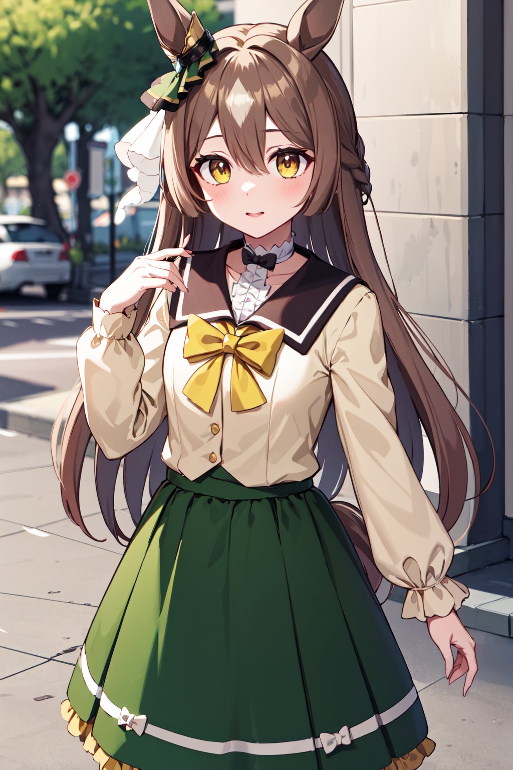 masterpiece, best quality, highres, ddsato, long hair, half updo, braid, hair between eyes, animal ears, ear ornament, horse tail, center frills, brown sailor collar, yellow bow, brown shirt, long sleeves, green skirt, <lora:satono_diamond_v1-1:0.8>, street, standing, cowboy shot