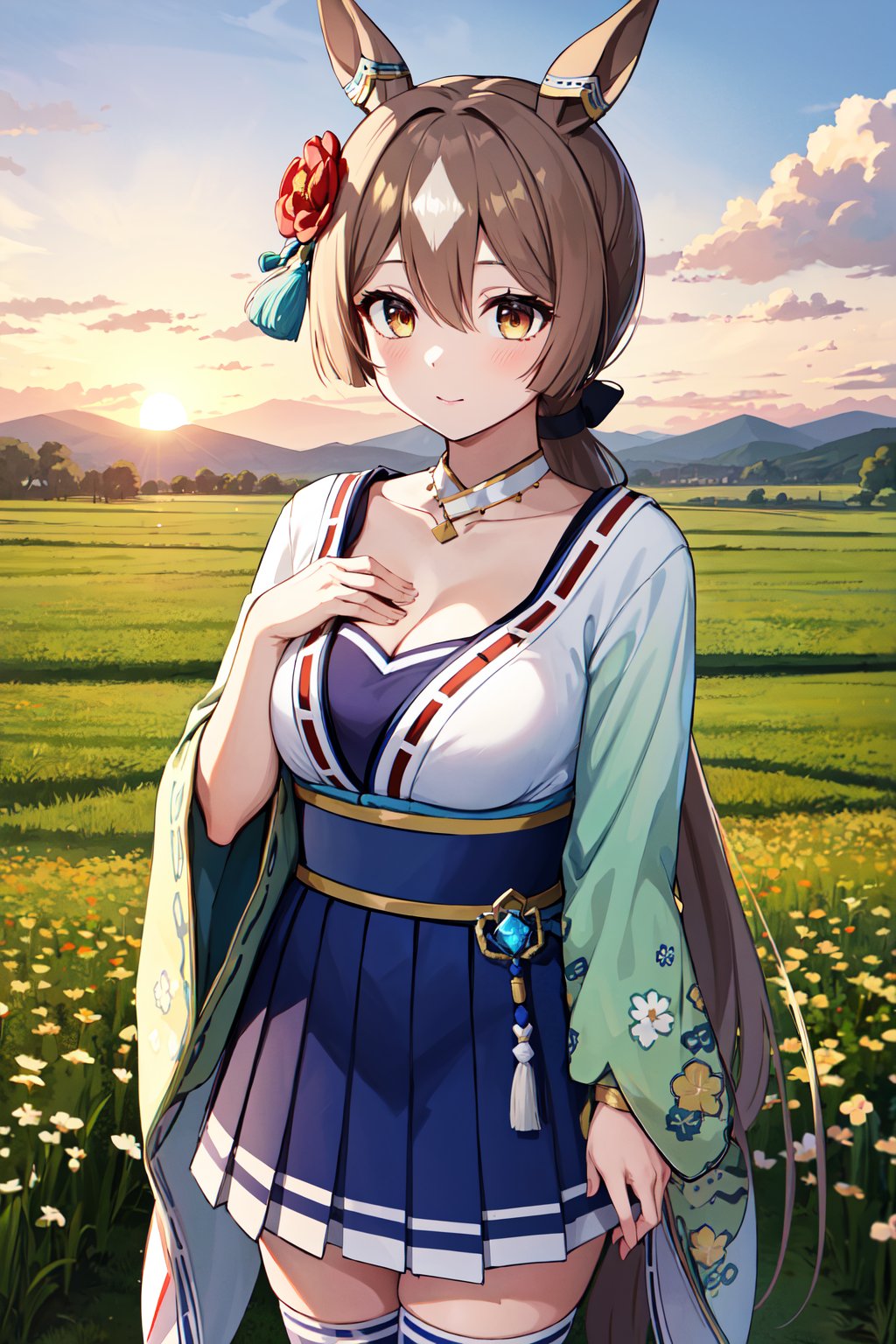 masterpiece, best quality, highres, ffsato, long hair, low ponytail, hair between eyes, hair flower, animal ears, horse tail, breasts, collarbone, cleavage, japanese clothes, blue skirt, white thighhighs, <lora:satono_diamond_v1-1:0.8>, sunset, field, standing, hand on own chest,