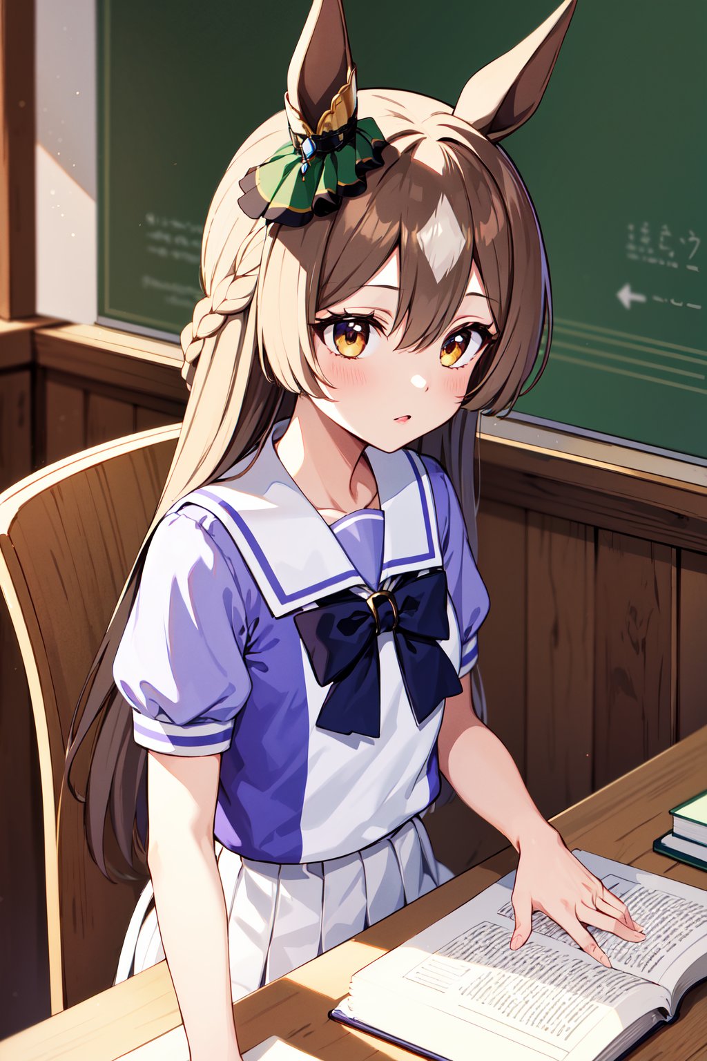 masterpiece, best quality, highres, bbsato, long hair, half updo, braid, hair between eyes, animal ears, ear ornament, horse tail, tracen school uniform, sailor collar, bowtie, purple shirt, sailor shirt, short sleeves, white skirt, white thighhighs, <lora:satono_diamond_v1-1:0.8>, upper body, desk, book, sitting,