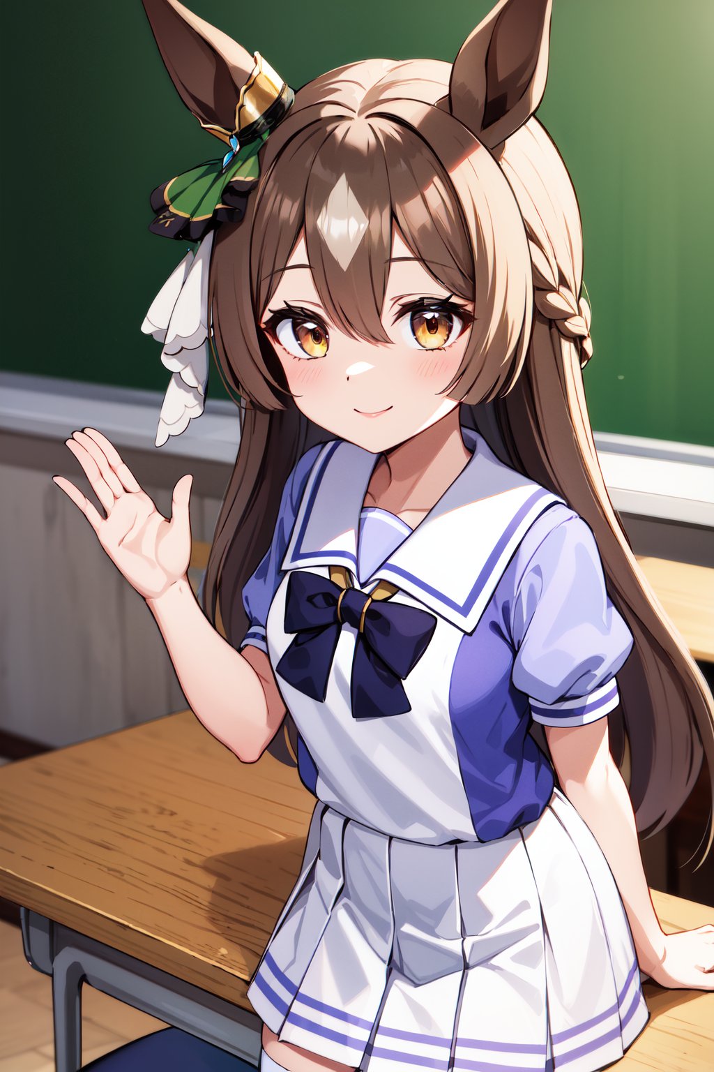 masterpiece, best quality, highres, bbsato, long hair, half updo, braid, hair between eyes, animal ears, ear ornament, horse tail, tracen school uniform, sailor collar, bowtie, purple shirt, sailor shirt, short sleeves, white skirt, white thighhighs, <lora:satono_diamond_v1-1:0.8>, waving, classroom, smile,