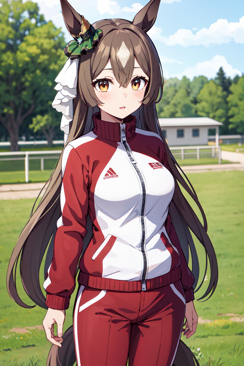 masterpiece, best quality, highres, eesato, long hair, half updo, braid, hair between eyes, animal ears, ear ornament, horse tail, breasts, track jacket, red jacket, long sleeves, track pants, red pants, <lora:satono_diamond_v1-1:0.8>, standing, cowboy shot