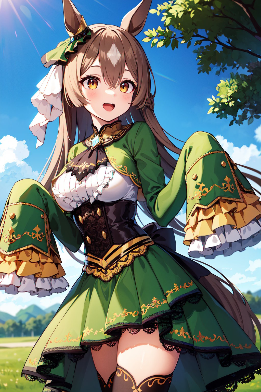 masterpiece, best quality, highres, aasato, long hair, half updo, braid, hair between eyes, animal ears, ear ornament, horse tail, breasts, frills, black ascot, green dress, (sleeves past wrists:1.2), black thighhighs, <lora:satono_diamond_v1-1:0.8>, cowboy shot, standing, outdoors, smile, open mouth