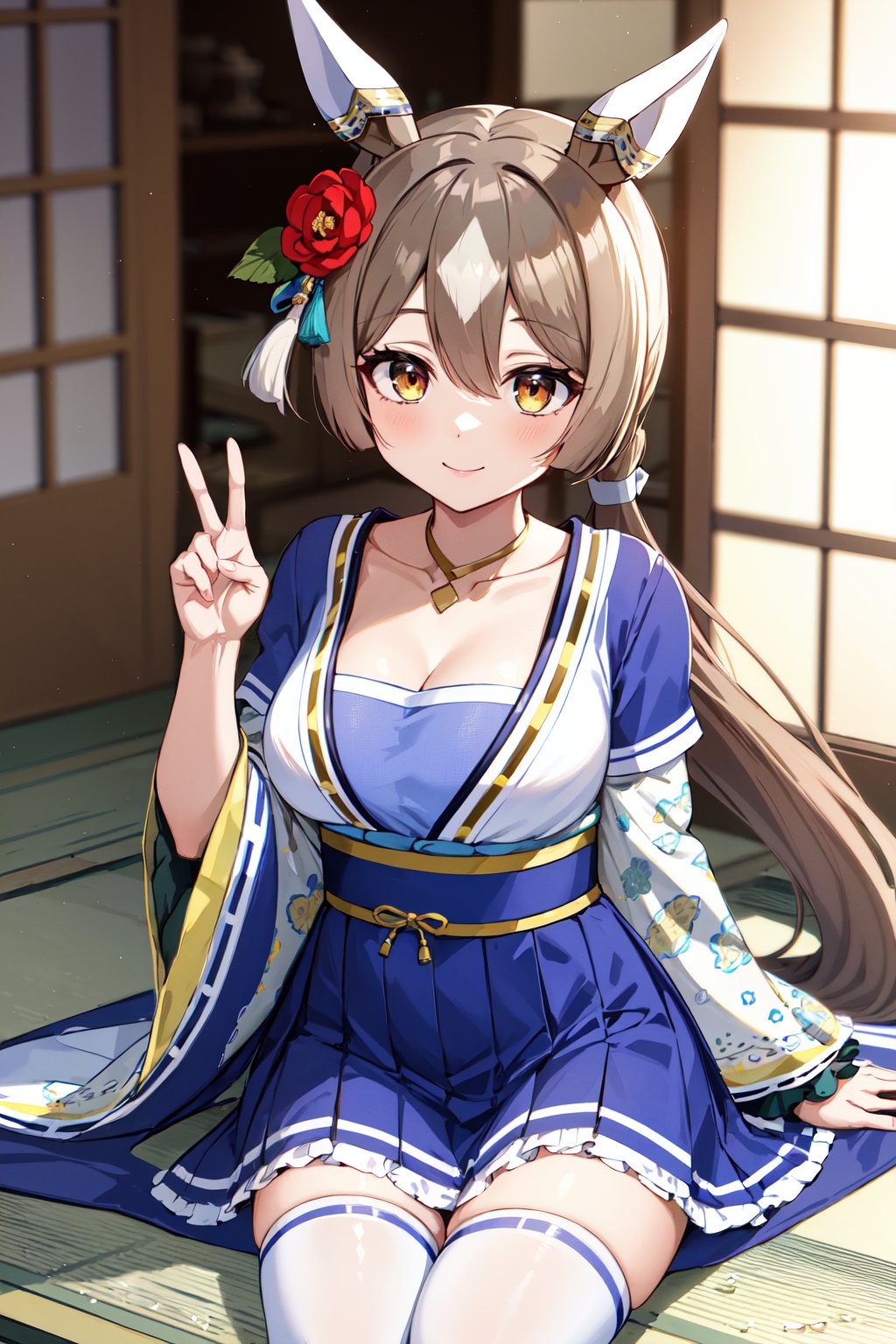 masterpiece, best quality, highres, ffsato, long hair, low ponytail, hair between eyes, hair flower, animal ears, horse tail, breasts, collarbone, cleavage, japanese clothes, blue skirt, white thighhighs, <lora:satono_diamond_v1-1:0.8>, peace sign, smile,