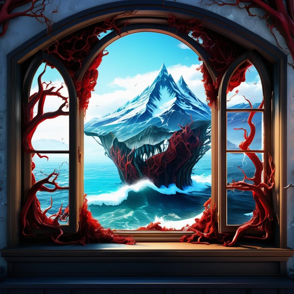 ((best quality)), ((masterpiece)), ((realistic,digital art)), (hyper detailed),DonMD3m0nV31nsXL,bio organic demonic veins, Ocean Snowcapped Peak,Waterfront Promenade,French Window, <lora:DonMD3m0nV31nsXL_v1.1-000009:0.85>