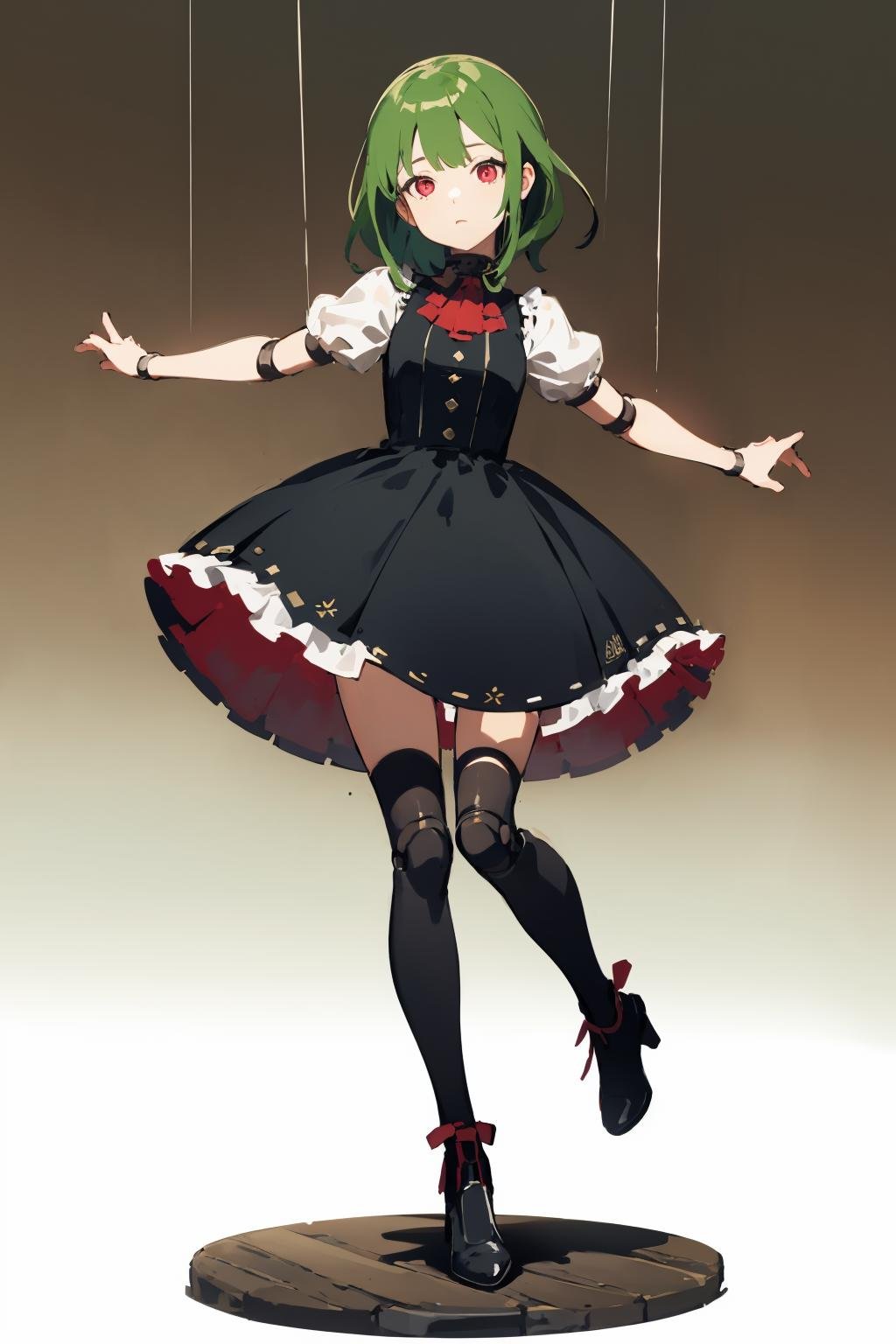 masterpiece,highres,best quality,scenery,1girl,solo,<lora:string-wasabiya:1>,suspstring,(beautiful eyes,  red eyes , green hair , beautiful face),cowboy shot,expressionless,simple background ,full body,standing,suspension,midair,doll joints,short sleeves,skirt,head tilt,outstretched arms,