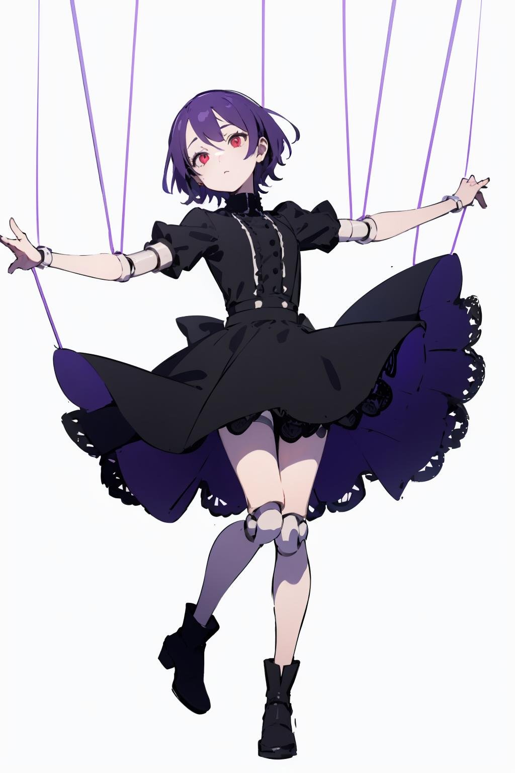 masterpiece,highres,best quality,scenery,1girl,solo,<lora:string-wasabiya:1>,suspstring,(beautiful eyes,  red eyes , purple hair , beautiful face),cowboy shot,expressionless,white background ,full body,standing,suspension,midair,doll joints,short sleeves,skirt,head tilt,outstretched arms,