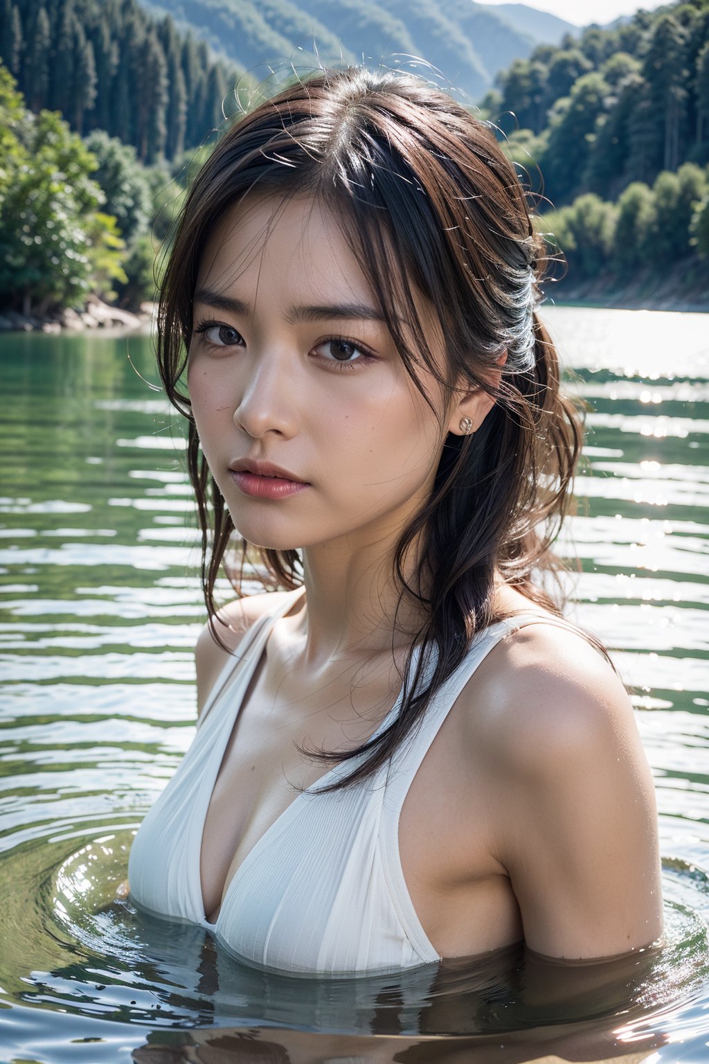 1girl,best quality,masterpiece,realistic,highres,realistic,Highly detailed,,sharp focus,wet skin,water,lake