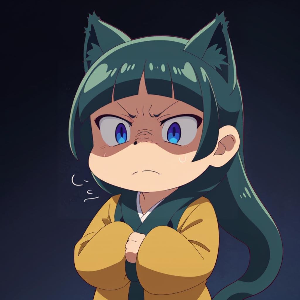 <lora:maomao003:0.7>,solo,maomao,1girl,chibi,cat ears,frown,shaded face,contempt,constricted_pupils,shaded face,sweatdrop,dark background,