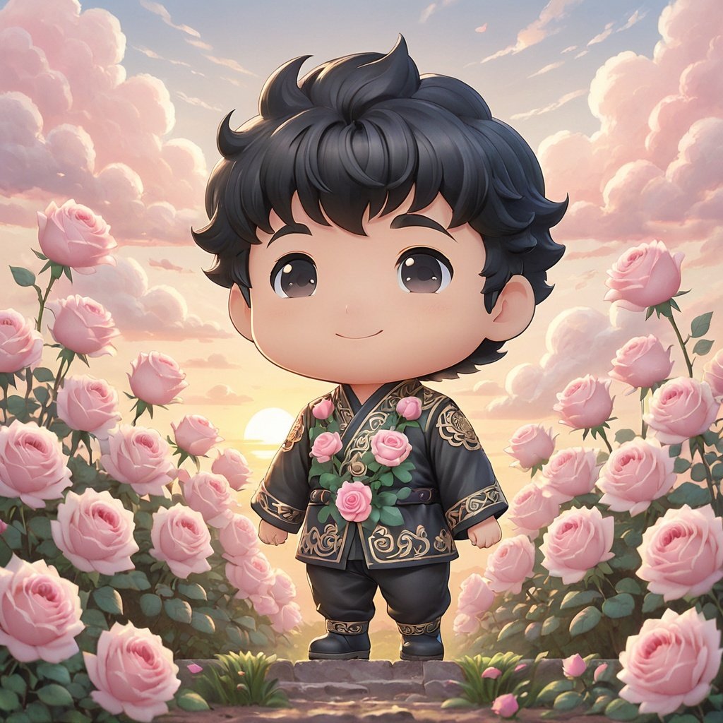  masterpiece,miromo,chibi,1 boy,Black hair,solo,full body,Smile,Outdoor,Sunrise,Clouds,Pink roses,Garden,Stand on the ground,Hand-held,White hanfu,textured skin,super detail,best quality,,