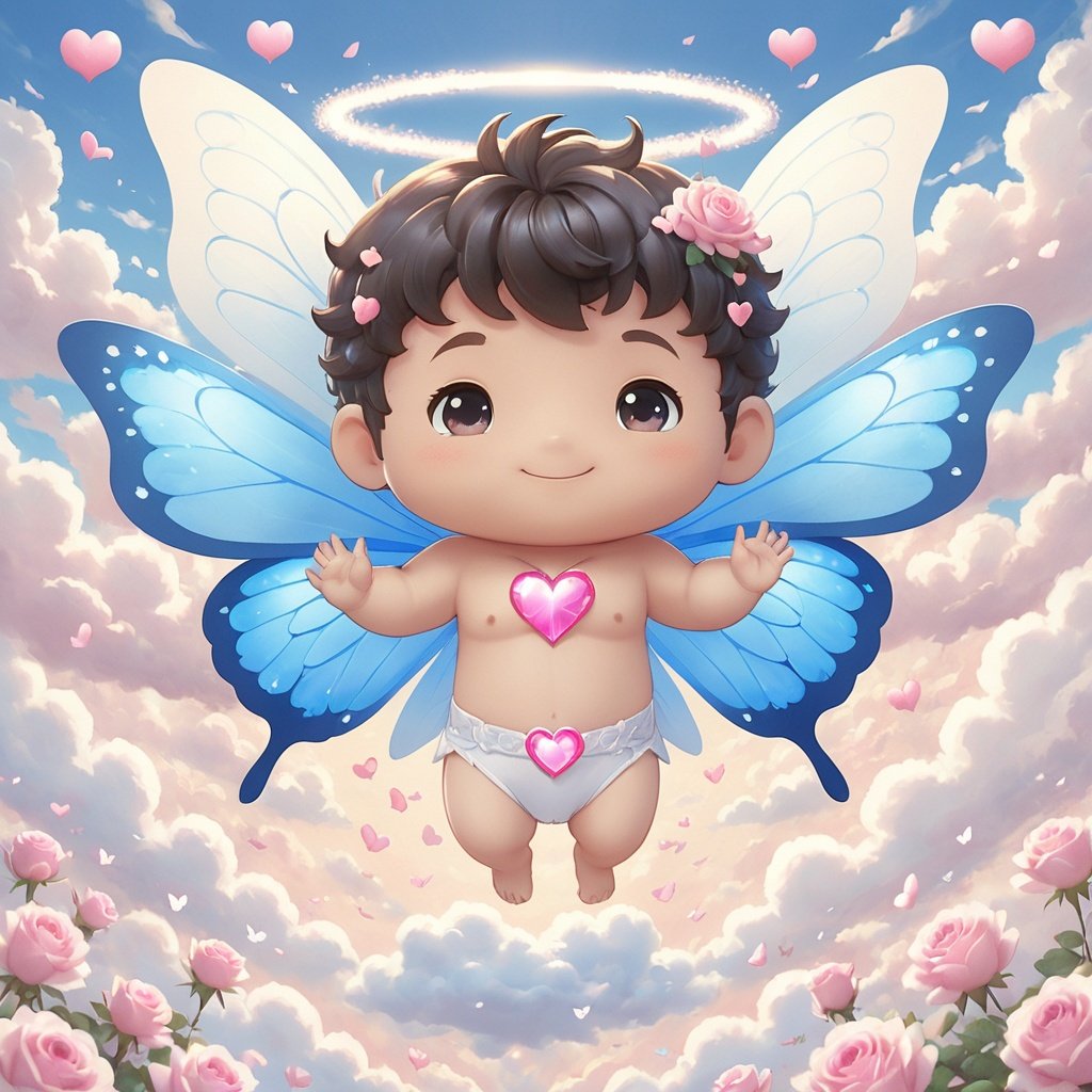  masterpiece,mirumo,1 little boy,Handsome,Lovely,chibi,Look at me,Blush,Shut up,Smile,Love genie,Floating hearts,Butterfly,Light blue sky,Clouds,Pink roses,magic,Angel halo,Cupid,Topless,White underwear,Cupid bow and arrow,textured skin,super detail,best quality,,