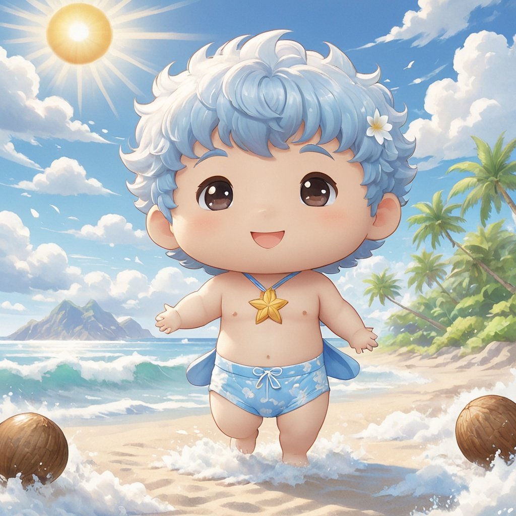  masterpiece,mirumo,chibi,A little boy
,Handsome,Lovely,Look at me,Summer day,There is plenty of sunshine,Light blue sky,Clouds,Bathing suit,At the seaside,Beach,Coconut tree,Play in the water,textured skin,super detail,best quality,,