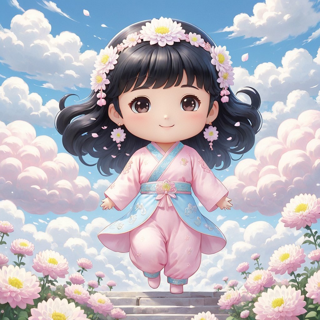  masterpiece,mirumo,1 girl,chibi,Black hair,solo,full body,Spirit,Smile,Outdoor,Light blue sky,Clouds,White wild chrysanthemum,A fantastic scene,Love genie,Pink love,textured skin,super detail,best quality,,