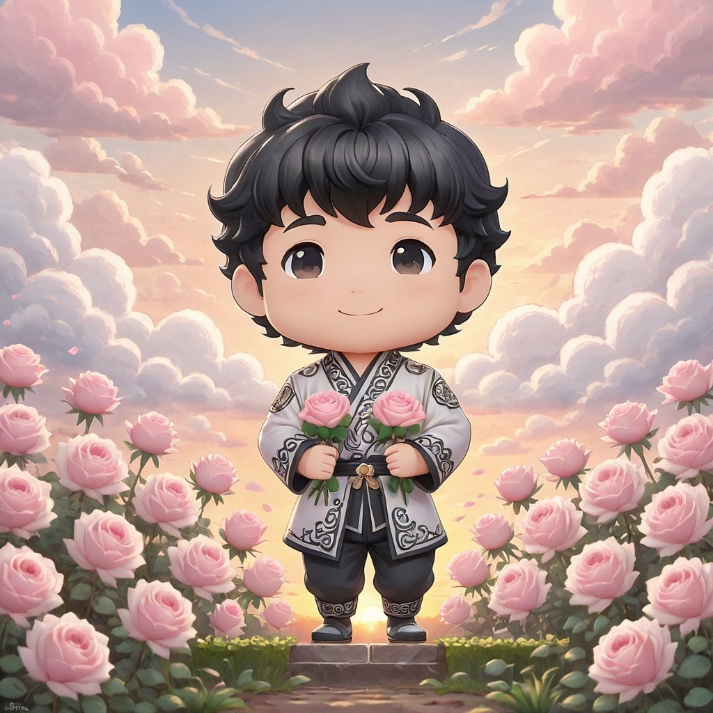  masterpiece,miromo,chibi,1 boy,Black hair,solo,full body,Smile,Outdoor,Sunrise,Clouds,Pink roses,Garden,Stand on the ground,Hand-held,White hanfu,textured skin,super detail,best quality,,