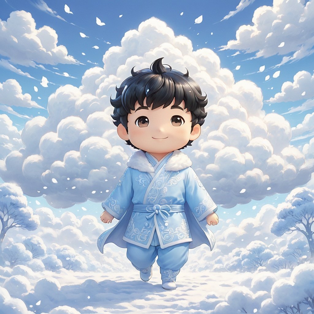  masterpiece,MiRU,chibi,1 boy,Black hair,solo,full body,Spirit,Smile,Outdoor,Light blue sky,Clouds,magic,A fantastic scene,It snows,cold,textured skin,super detail,best quality,,