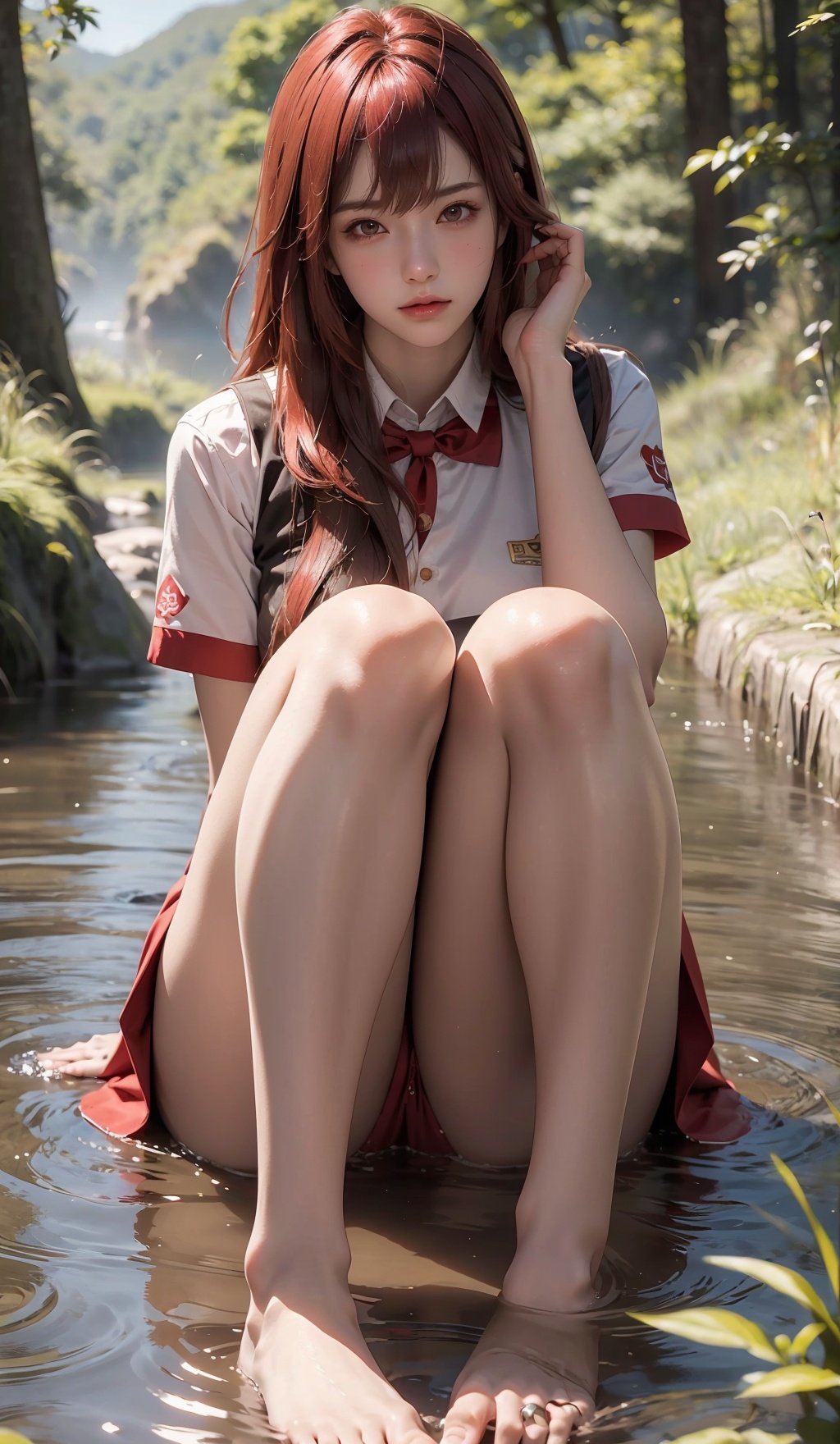  a girl,In the forest,The stream flows around like the tide, the red hair, the gold moment, the water fog, the clear face, the hair, the student uniform, the picture, the best quality, the real, the real, the real, the knee, the middle view, the film texture, the skin of the texture, the danda effect,.Movie pictures, real, halo, best quality, masterpiece,Delicate details, ultra high resolution, complex details, large size files, amazing, extreme light, complex details, complex backgrounds, hdres, complex details, realistic, realistic details, clear focus,MizarFeet,Anime,girl