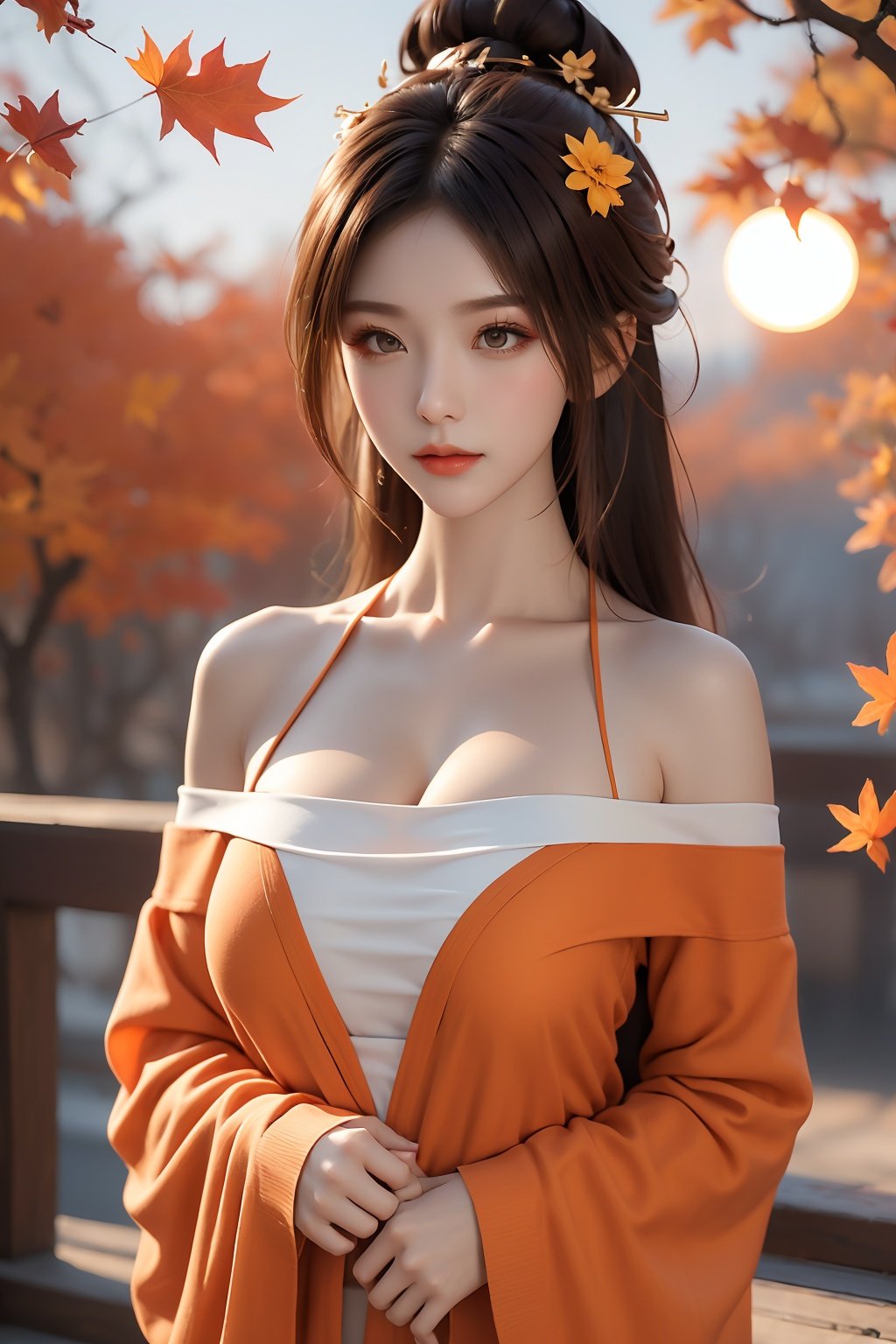  1girl,sweater,white background,Off Shoulder,blurry background,orange flower, orange sky,orange theme,autumn,autumn leaves,dusk,embers,fiery hair, chest, cleavage, chang,wangyushan,long sleeves