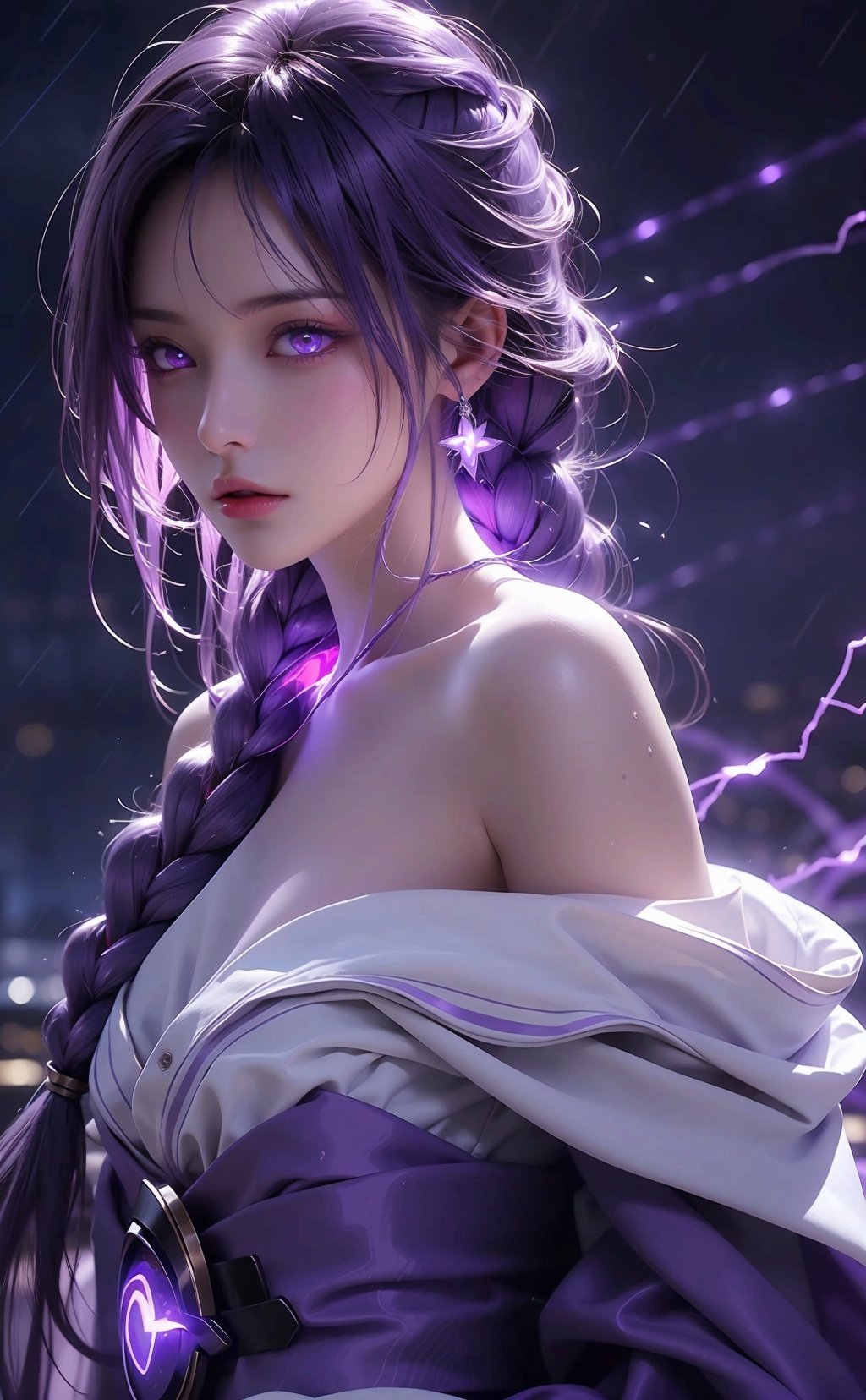  1girl,urple hair, purple eyes, (blue fire,magic),(glowing eyes:1.3), chest,electricity, lightning, purple magic, aura,Close-up,Off Shoulder,Front view, backlight,looking at viewer,braids,very long hair,hair flowe,tarry sky ,water,Rain,night,