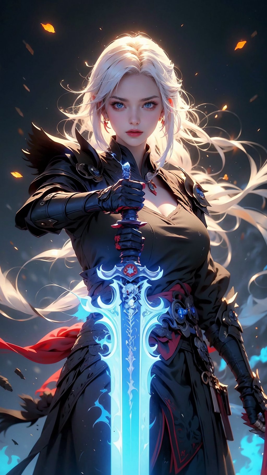  1 girl, white hair,Red lips,blue eyes,(Beautiful face), Lich King, undead swordsman, wearing armor decorated with skulls, burning blue flames all over her body, golden glowing eyes, slashing the sword in her hand, violent, angry and fierce, standing behind A broken skeleton dragon,guijian,armor,Xguang, headless,tifa,edgdeathknight