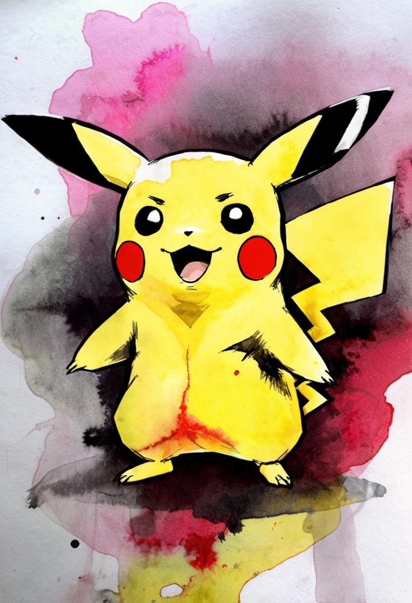 pikachu in watercolor and ink <lora:aether_liquink_231018_SDXL_LoRA_1e-6_128_dim_70_epochs:1>