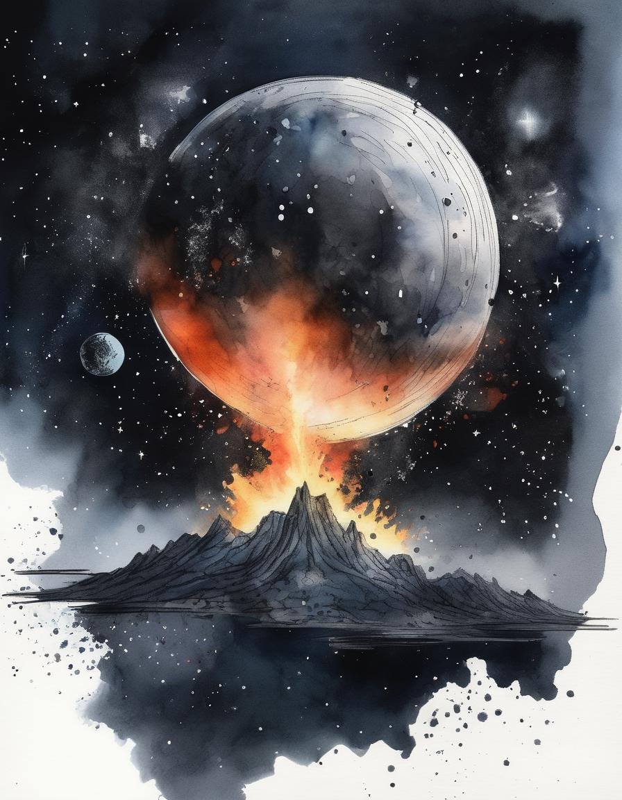 <lora:Aether_Watercolor_and_Ink_v1_SDXL_LoRA.safetensors:1> a planet blowing up, watercolor, ink, sketch, cinematic, intricate, volumetric, black starry background in space