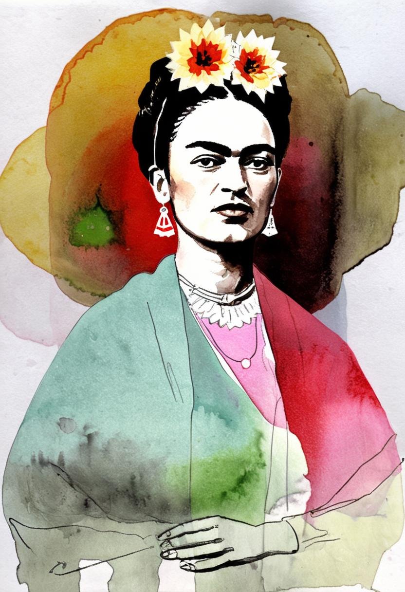 frida kahlo in watercolor and ink <lora:aether_liquink_231018_SDXL_LoRA_1e-6_128_dim_70_epochs:1>