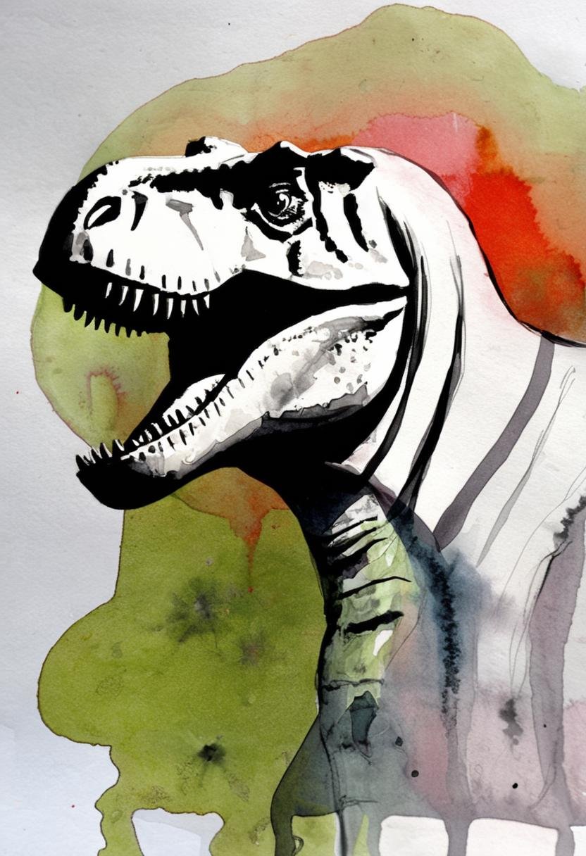 <lora:aether_liquink_231018_SDXL_LoRA_1e-6_128_dim_70_epochs:1> a dinosaur in watercolor and ink