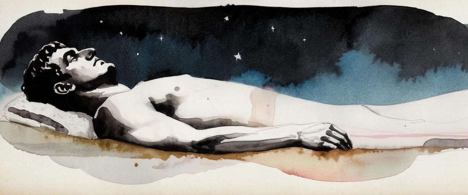 <lora:aether_liquink_231018_SDXL_LoRA_1e-6_128_dim_70_epochs:1> a man lying down looking at the sky at night, watercolor and ink, greek myth