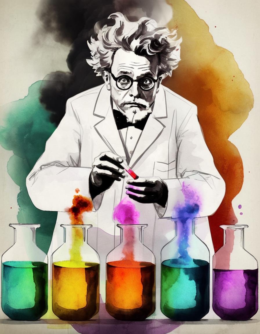 <lora:aether_liquink_231018_SDXL_LoRA_1e-6_128_dim_70_epochs:1> A mad scientist in his lab with colourful potions in test tubes with smoke, watercolor, ink, sketch, cinematic, intricate, volumetric