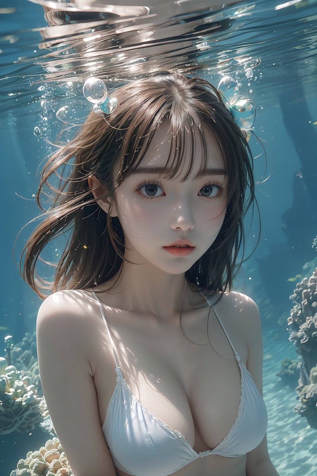 (RAW photo,  best quality), (realistic,  photo-realistic:1.3), (extremely delicate and beautiful:1.1), 1girl, white camisole,  blue shorts, (exquisitely detailed skin), underwater,  fishes,  plants,  fantasy, best shadow, intricate, cinematic light, perfect anatomy, (coolcolor:1.4), water, yushuishu, Forest system,  (original),  Underwater Di, shuixia,<lora:EMS-3037-EMS:0.800000>,<lora:EMS-1197-EMS:0.600000>