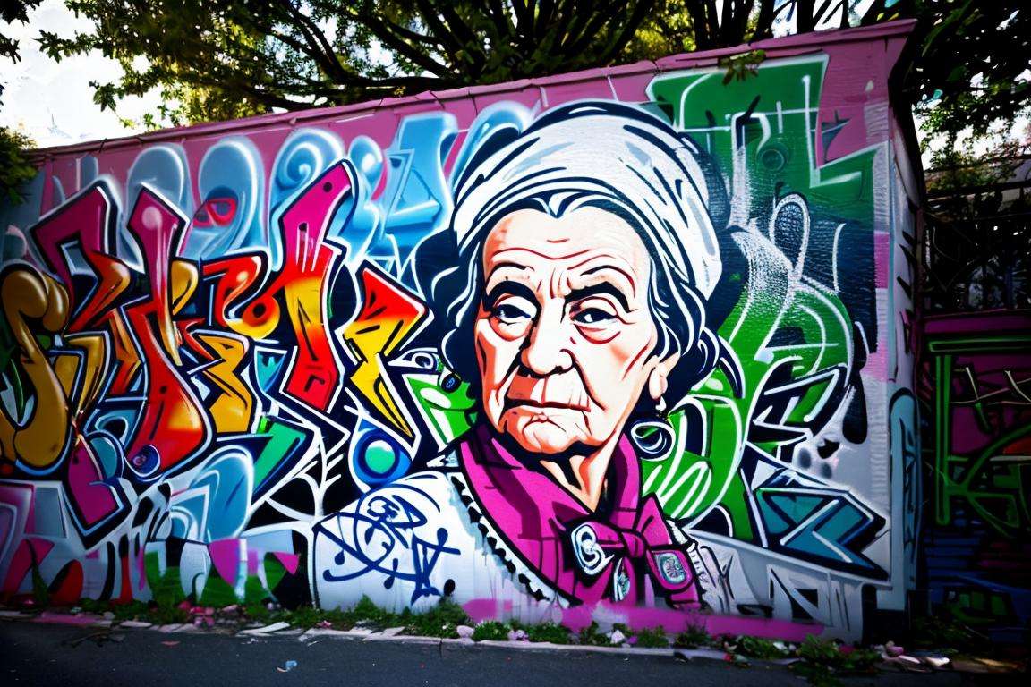 Street photography photo of a graffiti mural, an old woman, outside, outdoors, side of a building, large, huge, ornate, outdoor lighting, best quality, (8k, ultra-detailed)  <lora:graffiti:0.75>