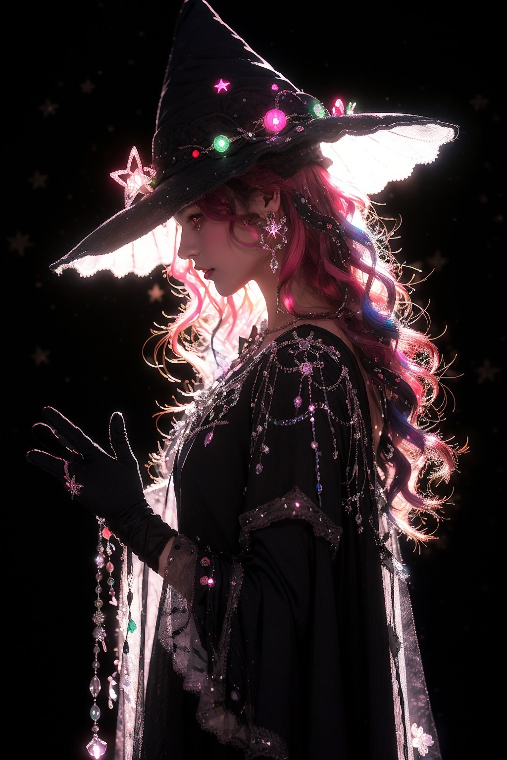 -1girl,  hat,  witch hat,  solo,  jewelry,  long hair,  earrings,  witch,  star (symbol),  profile,  gloves,  red eyes,  black gloves,  gem,  black background,  from side,  upper body,  pink hair,  dress,  multicolored hair,  long sleeves,  hat ornament,  wavy hair,  glowing, coloured glaze,<lora:EMS-85289-EMS:0.800000>